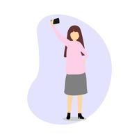vektor illustration design av en kvinna stående innehav en smartphone och tar en selfie