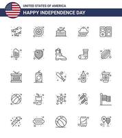 USA oberoende dag linje uppsättning av 25 USA piktogram av amerikan bok trumma muffin kaka redigerbar USA dag vektor design element