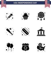 Große Packung mit 9 USA Happy Independence Day USA Vektor solide Glyphen und editierbare Symbole der amerikanischen Sportverzierung Fledermausball editierbare USA Day Vektor Design Elemente