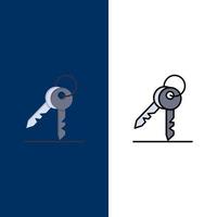 schlüssel schlüssel sicherheitsraum symbole flach und linie gefüllt symbol set vektor blauen hintergrund