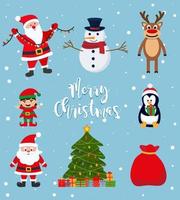 weihnachtssatz von weihnachtsmann, schneemann, hirsch und pinguinvektorillustrationsdesign vektor