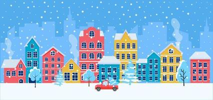 weihnachtskarte mit stadtbild, schneefallauto und weihnachtsbäumen. Weihnachtsstadt. Winterweihnachtsdorf. vektor
