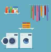tvätt rum interiör med tvättning maskin, kläder och rengöring Produkter. vektor