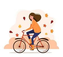 höst landskap. de flicka rider en cykel. höst bakgrund. vektor illustration i platt stil.