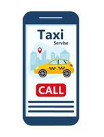 Vorlage für mobile Taxi-Apps. Smartphone mit gelbem Stadtauto. online mobile anwendung bestellen taxiservice. vektorillustration für taxiservice vektor