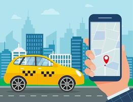 gelbes taxi. Hände mit Smartphone und Taxi-App in der Stadt. Taxi-Service-Konzept. vektorillustration im flachen stil vektor