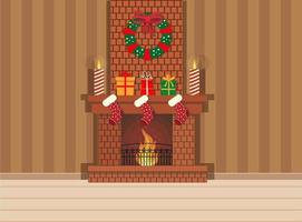 gemütliches wohnzimmer weihnachten mit rotem sofa, geschenken und baum. flache Artillustration des Vektors. vektor