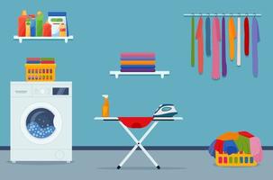 waschküche mit waschmaschine, bügeleisen, bügeleisen, kleidung und reinigungsprodukten. vektor