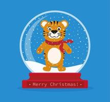 Weihnachtsschneekugel mit einem Tiger im Inneren. Fröhliche Weihnachten. feiern neujahr und weihnachten. vektorillustration im flachen stil vektor