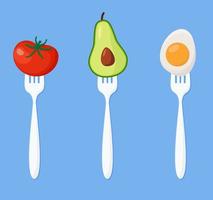 tomate, avocado, ei auf gabeln konzept der diät. Vektor-Illustration. vektor