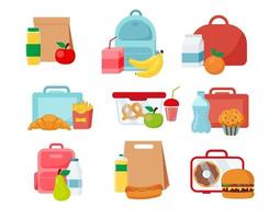 Schulessen Lebensmittelboxen Mahlzeit und Snack. vektorillustration im flachen stil vektor