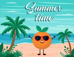 lustiger sommerstrandhintergrund mit orangenfruchtcharakter. Cartoon-Stil. Sommerzeit-Postkarte vektor