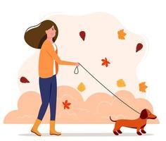 Herbstlandschaft. Das Mädchen geht mit dem Hund spazieren. Herbst Hintergrund. vektorillustration im flachen stil. vektor