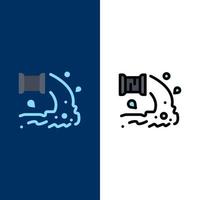 Fabrik Industrie Abwasser Abwasser Symbole flach und Linie gefüllt Icon Set Vektor blauen Hintergrund