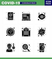 Corona-Virus-Krankheit 9 solides Glyphen-Schwarz-Icon-Pack saugt als Bauvirusmaske Covid-Bakterien virales Coronavirus 2019nov-Krankheitsvektor-Designelemente vektor