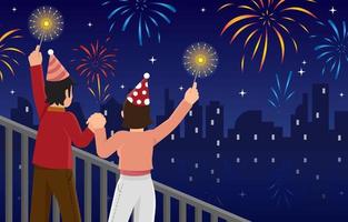 Paar feiert neues Jahr mit Feuerwerksparty vektor