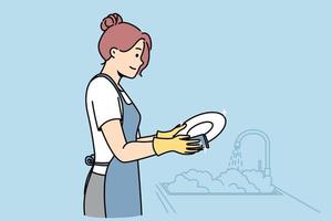 Mädchen wäscht Teller in Handschuhen in der Nähe des Waschbeckens. junge frau erledigt hausarbeit in der küche. tägliche Hausreinigungsroutine. Haushaltshilfe, Dienstleistungspersonal. mehrfarbige Illustration der Vektorlinie Kunst. vektor