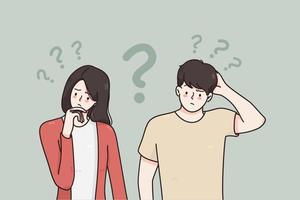 tvivel, be frågor, osäker begrepp. ung frustrerad par man och kvinna stående rörande ansikten känsla tvivel med fråga tecken ovan vektor illustration