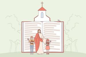 kristendom, religion, bibel begrepp. enorm religiös bok med Jesus och barn tecken vinka deras händer som visar betydelse av religion vektor illustration