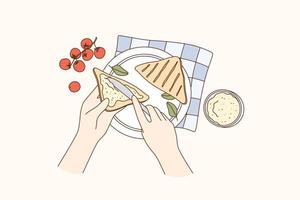 kochen, zubereitung von lebensmitteln, frühstückskonzept. Menschliche Hände machen Sandwich mit Kirschtomaten-Frischkäse und Kräutern zum Mittagessen oder Frühstück über Tischvektorillustration, Draufsicht vektor