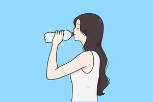 dricka vatten och friska livsstil begrepp. ung leende flicka stående och dricka ren rena vatten från flaska över blå bakgrund vektor illustration