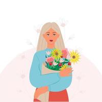 en ung blond kvinna med en bukett av blommor i henne händer. vektor illustration i platt stil