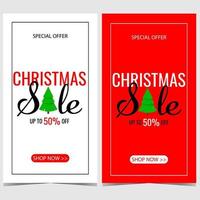 jul försäljning baner för vinter- handla och rabatt säsong. vektor vertikal jul försäljning affisch med en tall integrerad i försäljning inskrift, med 50 procent av pris rabatt och affär nu knapp.