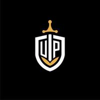 kreative Letter-Up-Logo-Gaming-Esport mit Schild- und Schwertdesign-Ideen vektor