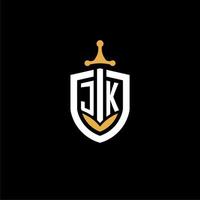 kreativer brief jk logo gaming esport mit schild- und schwertdesignideen vektor