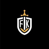 creative letter fk logo gaming esport mit schild- und schwertdesignideen vektor