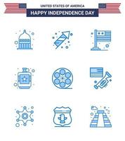 Lycklig oberoende dag 4:e juli uppsättning av 9 blues amerikan pictograph av movis höft Land flaska alkoholhaltig redigerbar USA dag vektor design element