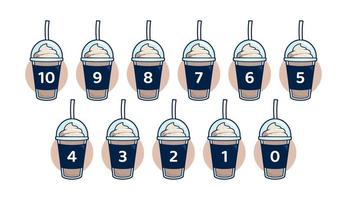 Schokoladen-Smoothies-Milchshake mit Cup-Eis-Topping-Countdown-Zahl von 10 bis 0 vektor