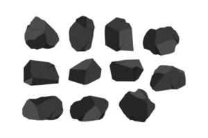 ein satz aus schwarzer kohle in verschiedenen formen. sammlung von stücken aus kohle, graphit, basalt und anthrazit. das konzept des bergbaus und erzes in einer mine.rock-fragmente, felsbrocken und baumaterial. vektor