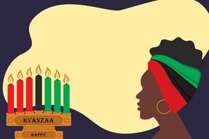 afroamerikanerin und kandelaber mit kerzen in der farbe afrikas und fröhlicher kwanzaa-inschrift vektor