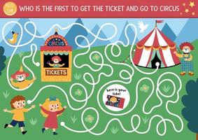 cirkus labyrint för barn med pojke, flicka, biljett. nöje visa förskola tryckbar aktivitet med clown, tält. underhållning festival labyrint spel eller pussel. vem är de först till skaffa sig biljett vektor