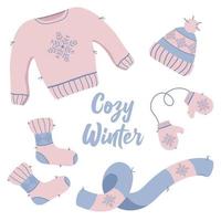 vinter- jul stickat värma kläder scarf, hatt, vantar, strumpor och Tröja uppsättning vektor