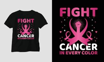 bekämpa cancer i varje Färg - värld cancer dag t-shirt design med band, näve, kärlek, fjäril, och motiverande citat vektor