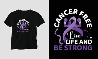 cancer fri leva liv och vara stark - värld cancer dag t-shirt design med band, näve, kärlek, fjäril, och motiverande citat vektor