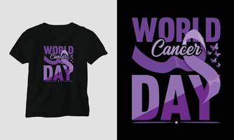 värld cancer dag t-shirt design med band, näve, kärlek, fjäril, och motiverande citat vektor