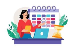 affärskvinna håller på med kalender förvaltning illustration begrepp. en platt illustration isolerat på vit bakgrund vektor