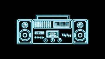 blå neon musik kassett audio tejp inspelare gammal retro hipster årgång från 70-talet, 80-tal, 90s på svart bakgrund. vektor illustration