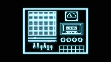 blå neon musik kassett audio tejp inspelare gammal retro hipster årgång från 70-talet, 80-tal, 90s på svart bakgrund. vektor illustration