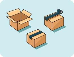 Verpackungskarton hat oben ein Klebeband. wie man das Produkt in eine Schachtel, einen Briefkasten, ein Vektordesign und einen isolierten Hintergrund verpackt. vektor