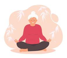 eine ältere frau sitzt im lotussitz mit gekreuzten beinen und führt yoga-asanas aus. die alte dame macht fitnessstudio, überwacht ihre gesundheit. Vektorgrafiken.