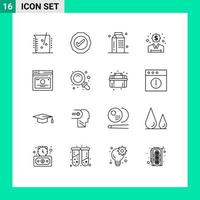 Stock Vector Icon Pack mit 16 Zeilenzeichen und Symbolen für Dollar-Ideen-Tick-Finance-Mahlzeit editierbare Vektordesign-Elemente