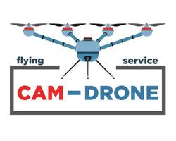 Quadcopter-Logo im realistischen Stil. blaue Drohne mit Kamera. bunte Vektorillustration lokalisiert auf weißem Hintergrund.