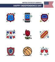 uppsättning av 9 USA dag ikoner amerikan symboler oberoende dag tecken för krans dekoration telefon buntings USA redigerbar USA dag vektor design element