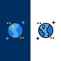 Astronomie Erde Weltraum Symbole flach und Linie gefüllt Icon Set Vektor blauen Hintergrund