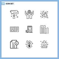 Stock Vector Icon Pack mit 9 Zeilen Zeichen und Symbolen für geschlossene Informationen Konfetti Info Kontakt editierbare Vektordesign-Elemente