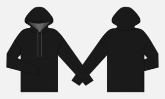 Langarm-Hoodie technische Mode flache Skizze Zeichnungsvorlage Vorder- und Rückansicht. bekleidung kleid design vektorillustration schwarze farbe mock-up jacke cad. einfach zu bearbeiten und anpassbar. vektor